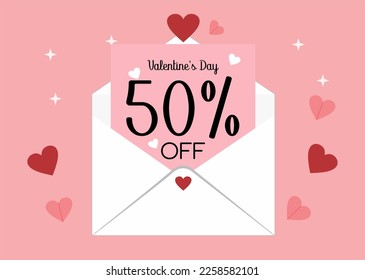 Banner 50% off valentine's day promotion. Fifty percent discount on a envelope letter with hearts in a pink background