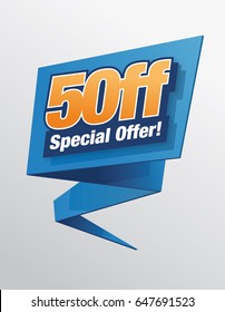 Banner 50% Off. Vector logo design. 50% discount. Colours: Orange, dark blue, white.  Blue background banner.