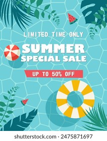 Banner 50% summer discount. Image of a swimming pool, palm leaves, swimming circle.