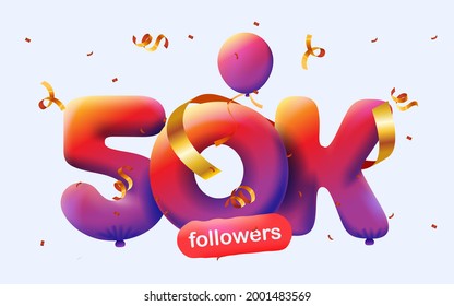 banner with 50K followers thank you in form of 3d blue balloons and colorful confetti with social media sign. Vector illustration 3d numbers for social media 50000 followers, concept of blogge