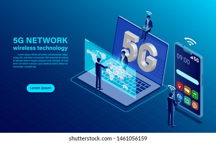 Banner 5G network wireless technology concept. smartphone with big letters 5g and People with mobile devices are sitting and standing on. Isometric flat design vector illustration