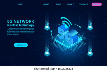Banner 5G network wireless technology concept. Concept for technology and telecommunication. Isometric flat design vector illustration