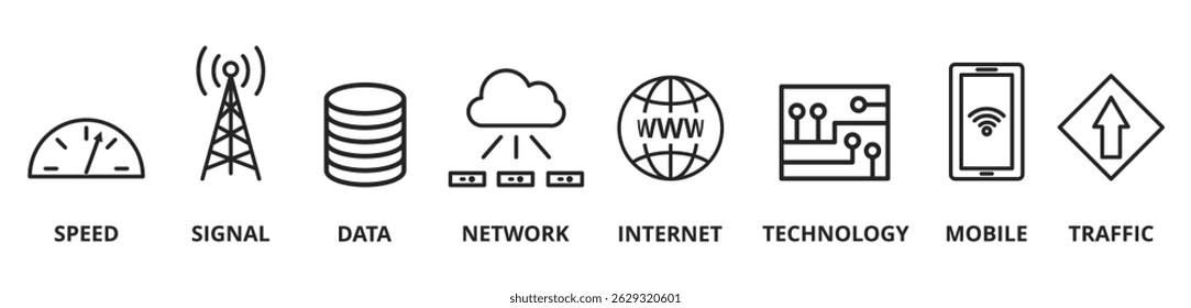 Banner 5G Vektorgrafik Konzept. Geschwindigkeit, Signal, Netzwerk, Internet, Technologie, Handy und Verkehrssymbole
