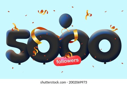 banner con 5,000 seguidores gracias en forma de globos negros 3d y confetti colorido. Ilustración vectorial 3d números para medios sociales 5000 seguidores gracias, Blogger celebrando suscriptores, me gusta