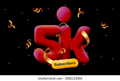 banner with 5K followers thank you in form of 3d Red balloons and colorful confetti. Vector illustration 3d numbers for social media 5000 followers thanks, Blogger celebrating subscribers, likes