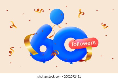 banner with 60 followers thank you in form of 3d blue balloons and colorful confetti. Vector illustration 3d numbers for social media 60 followers thanks, Blogger celebrating subscribers, likes