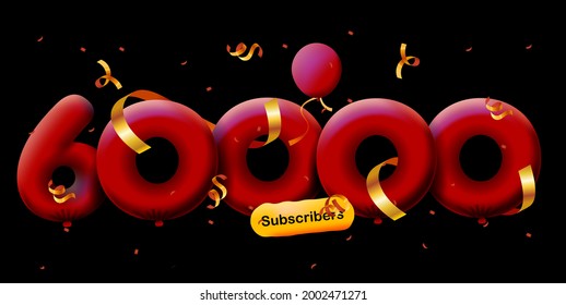 banner with 60000 followers thank you in form of 3d Red balloons and colorful confetti. Vector illustration 3d numbers for social media 60K followers thanks, Blogger celebrating subscribers, likes