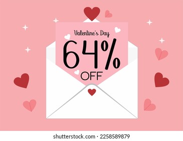 Banner 64% off valentine's day promotion. Sixty four percent discount on a envelope letter with hearts in a pink background