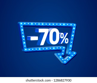 Banner 70 off with share discount percentage, neon signboard arrow. Vector illustration