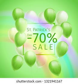 Banner with 70 percent off discount for St. Patricks Day with flying green and white balloons, frame and rainbow on green background