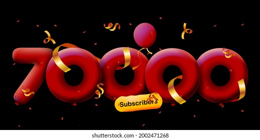 banner with 70000 followers thank you in form of 3d Red balloons and colorful confetti. Vector illustration 3d numbers for social media 70K followers thanks, Blogger celebrating subscribers, likes