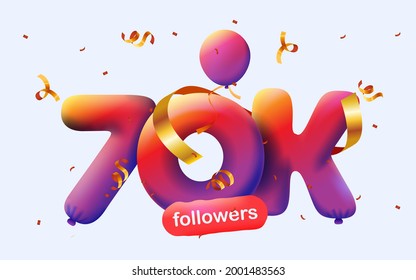 banner with 70K followers thank you in form of 3d blue balloons and colorful confetti with social 
 media sign. Vector illustration 3d numbers for social media 70000 followers, concept of blogge