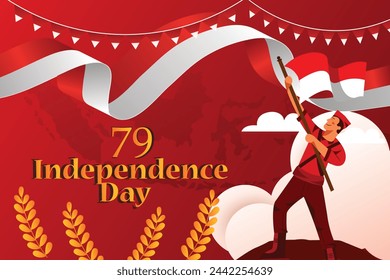 Banner for the 79th Indonesian independence day, August 17, illustration of the raising of the Indonesian flag. Advanced Indonesia means Jaya Indonesia