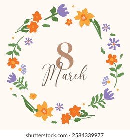 Banner for 8 March featuring a circular floral wreath with orange and purple flowers, leaves, and decorative elements framing the text on a light background.