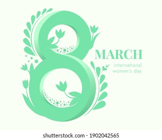banner for 8 march. international woman's day. number eight in blooming flowers. white and green colors