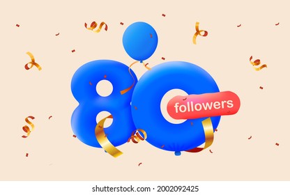 banner con 80 seguidores gracias en forma de globos azules 3d y confetti colorido. Ilustración vectorial 3d números para los medios sociales 80 seguidores, Blogger celebrando a los suscriptores, me gusta