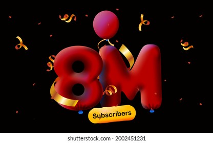 banner with 8M followers thank you in form of 3d Red balloons and colorful confetti. Vector illustration 3d numbers for social media 8000000 followers thanks, Blogger celebrating subscribers, likes