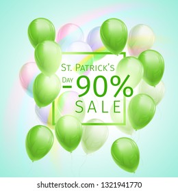 Banner with 90 percent sale discount for St. Patricks Day with flying green and white balloons, frame and rainbow on blue background