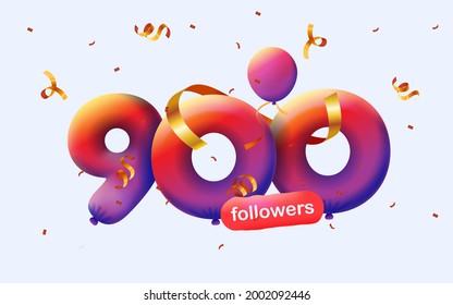 banner with 900 followers thank you 3d Purple Violet balloons and colorful confetti. Vector illustration 3d numbers for social media 900 followers thanks, Blogger celebrating subscribers, likes