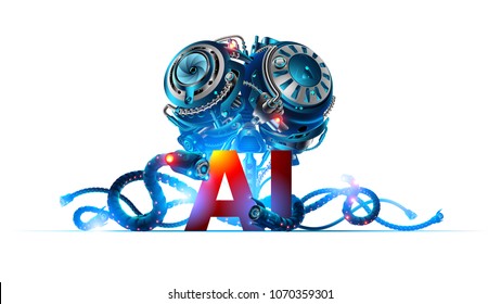 Banner about artificial intelligence or robotics  brain with letters ai. Machine learning technology. Future concept background