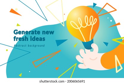 Banner about brainstorming or generating new ideas. Vector illustration for online marketing and business. Glowing light bulb in a hand with dynamic elements.Template for mailing and newsletter.