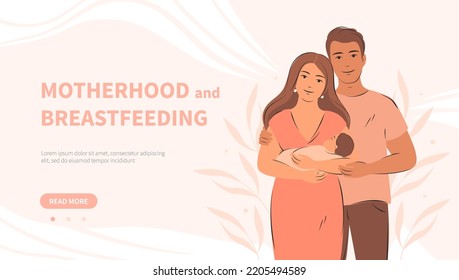 Banner about breastfeeding and motherhood. Happy family with newborn. Parents with child. Vector illustration.