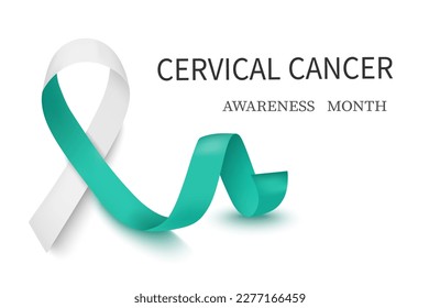 Cartel sobre cáncer de cuello de útero, postal, cartel con una cinta blanca y turquesa sobre fondo blanco. El símbolo del mes de la toma de conciencia sobre el cáncer de cuello uterino. 