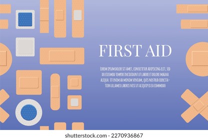 Banner about first aid with plasters flat style, vector illustration on blue gradient background. Beige plasters of various shapes, patching small wounds, place for text