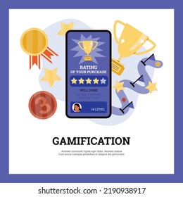 Banner about gamification flat style, vector illustration isolated on purple background. Mobile phone screen with rating of character's purchase, avatar and level, cups and medals