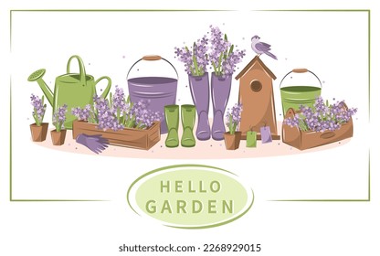 Banner about gardening. Set of tools for gardening and growing plants. Agricultural tools. Hello garden text.  Vector illustration
