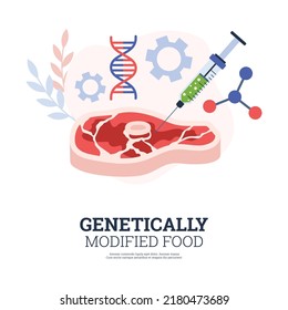 Banner about genetically modified food flat style, vector illustration isolated on white background. Syringe with green liquid in piece of meat, genes and molecules, place for text