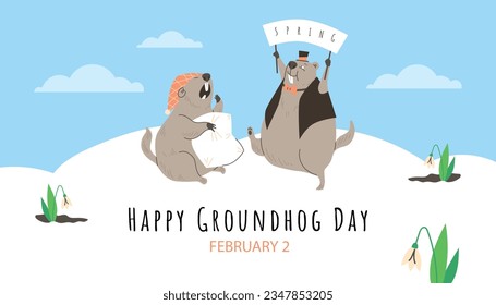 Banner about Happy Groundhog Day flat style, vector illustration. Funny comic groundhogs come out of winter hibernation, spring season, growing flowers. Yawning animal character with pillow