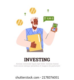 Banner about investing flat style, vector illustration isolated on white background. Adult man holding mobile phone with application about investment, coins, currency growth