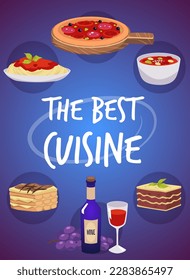 Banner about Italian food flat style, vector illustration isolated on gradient background. Pizza, pasta, sweet desserts and wine, decorative design. The best cuisine text