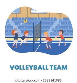 Banner about kids volleyball team flat style, vector illustration isolated on white background. Happy child boys playing volleyball at stadium, decorative design with text, sport game