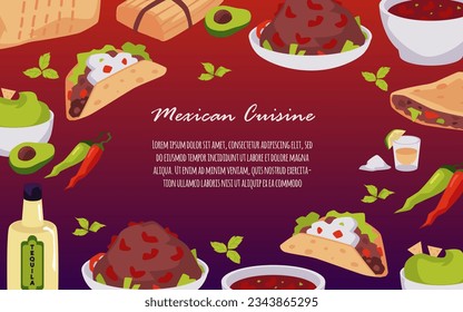 Banner about Mexican cuisine with different dishes flat style, vector illustration on gradient background. Decorative design with place for text, traditional Mexican food, burrito and taco