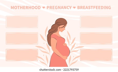 Banner about pregnancy, breastfeeding and motherhood. Pregnant woman, future mom. Tips, different data, informations expectant mothers. Vector illustration.