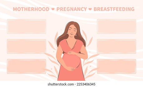 Cartel sobre el embarazo, la lactancia materna y la maternidad. Mujer embarazada, futura madre. Consejos, datos diferentes, información de las madres embarazadas. Ilustración vectorial.