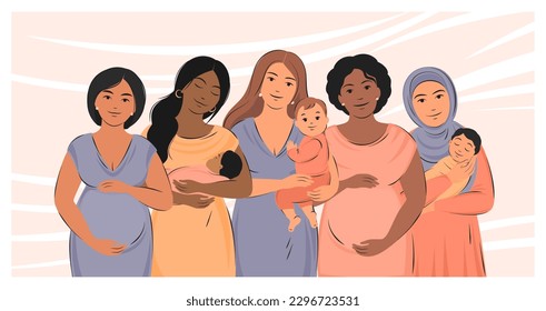 Banner about pregnancy, breastfeeding and motherhood. Group of pregnant women and women with children. World Breastfeeding Week. Vector illustration