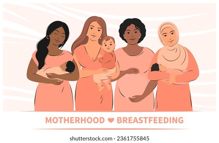 Cartel sobre el embarazo, la lactancia materna y la maternidad. Grupo de mujeres embarazadas y mujeres con hijos. Semana Mundial de la Lactancia Materna. Ilustración del vector