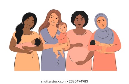 Banner about pregnancy, breastfeeding and motherhood. Group of pregnant women and women with children. World Breastfeeding Week. Vector illustration