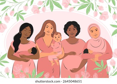 Banner sobre gravidez, amamentação e maternidade. Grupo de mulheres grávidas e mulheres com filhos. Semana Mundial da Amamentação. Ilustração vetorial