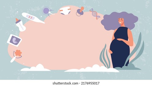 Banner about pregnancy and childbirth. Pregnant mommy on a pink background, template for text. Flat cartoon vector illustration, woman waiting for childbirth.