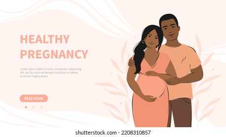 Banner about pregnancy. Dark skinned future parents, happy family, child expectation. Vector illustration.