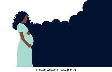 Banner about pregnancy and motherhood. Beautiful young pregnant black woman with curly hair.