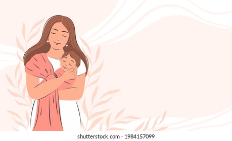 Banner about pregnancy and motherhood with place for text. Mom and newborn baby. Family concept, health, Happy Mother's Day. Flat vector illustration.