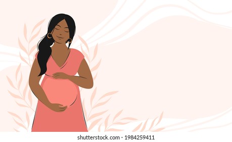 Banner about pregnancy and motherhood with place for text. Pregnant woman, future mom of African appearance hugging belly with arms. Happy Mother's Day.  Flat vector illustration.