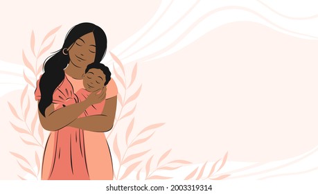 Banner about pregnancy and motherhood with place for text. African american woman is holding newborn baby. Family concept, health, Happy Mother's Day. Flat vector illustration.