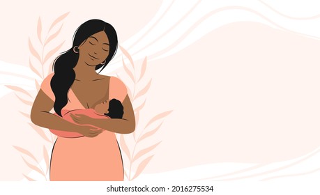 Banner about pregnancy and motherhood with place for text. Black woman feeding a baby. World Breastfeeding Week. Vector illustration.