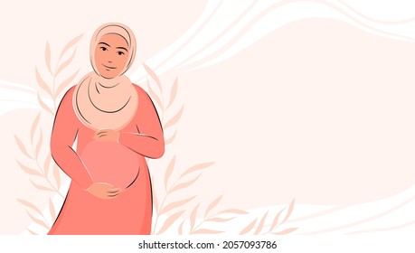 Banner about pregnancy and motherhood with place for text. Muslim pregnant woman. Vector illustration.